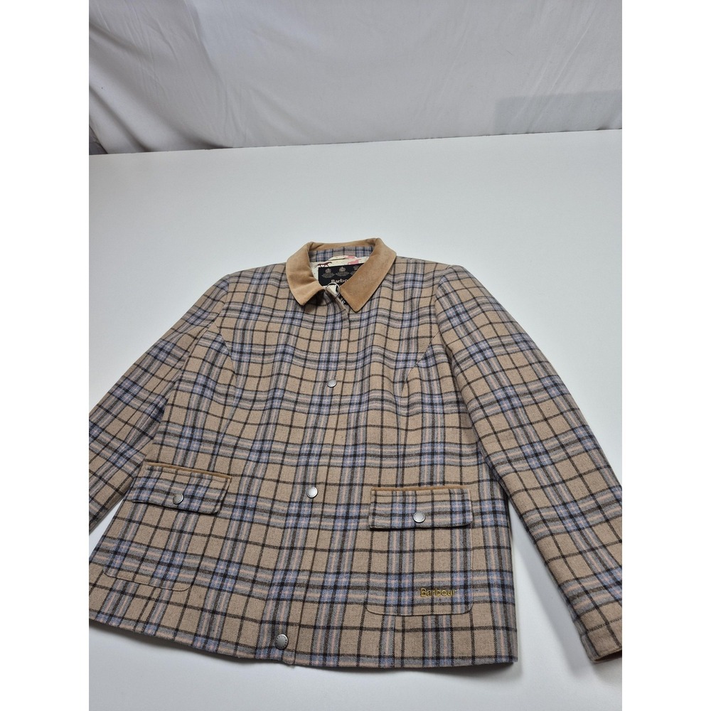 Barbour Jacket Womens 12 Beige Wool Tweed Plaid Horse Print Lined Zip Equestrian